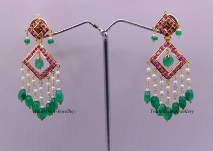 Authentic 22kt yellow gold handmade jadau earring dangling fabulous wedding anniversary gifting jewelry from rajasthan India - TRIBAL ORNAMENTS