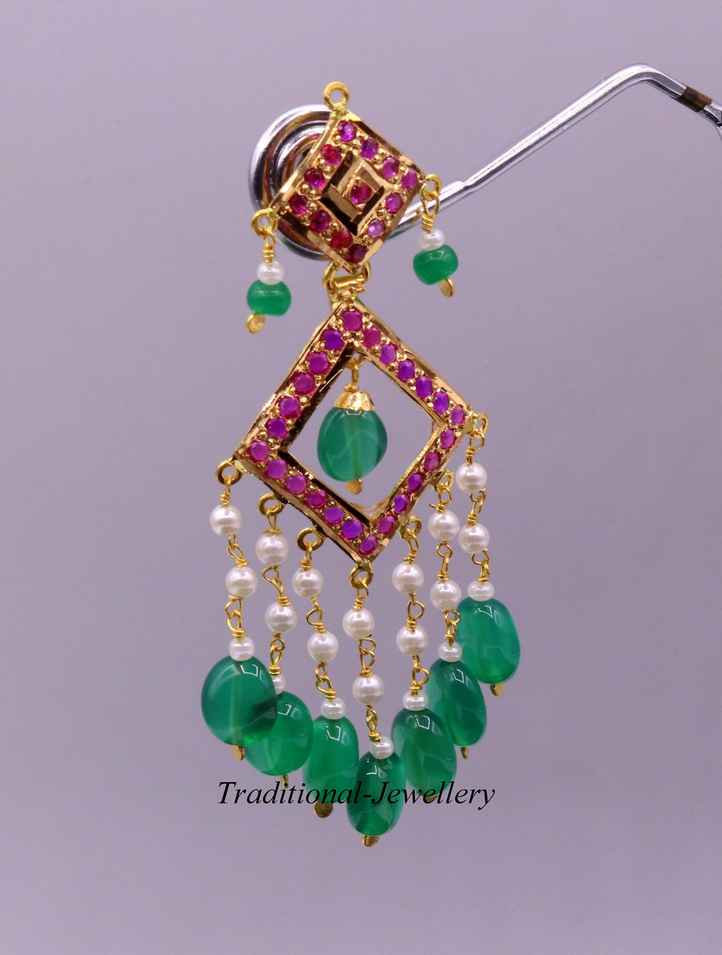 Authentic 22kt yellow gold handmade jadau earring dangling fabulous wedding anniversary gifting jewelry from rajasthan India - TRIBAL ORNAMENTS