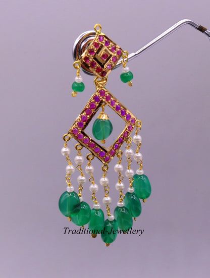 Authentic 22kt yellow gold handmade jadau earring dangling fabulous wedding anniversary gifting jewelry from rajasthan India - TRIBAL ORNAMENTS
