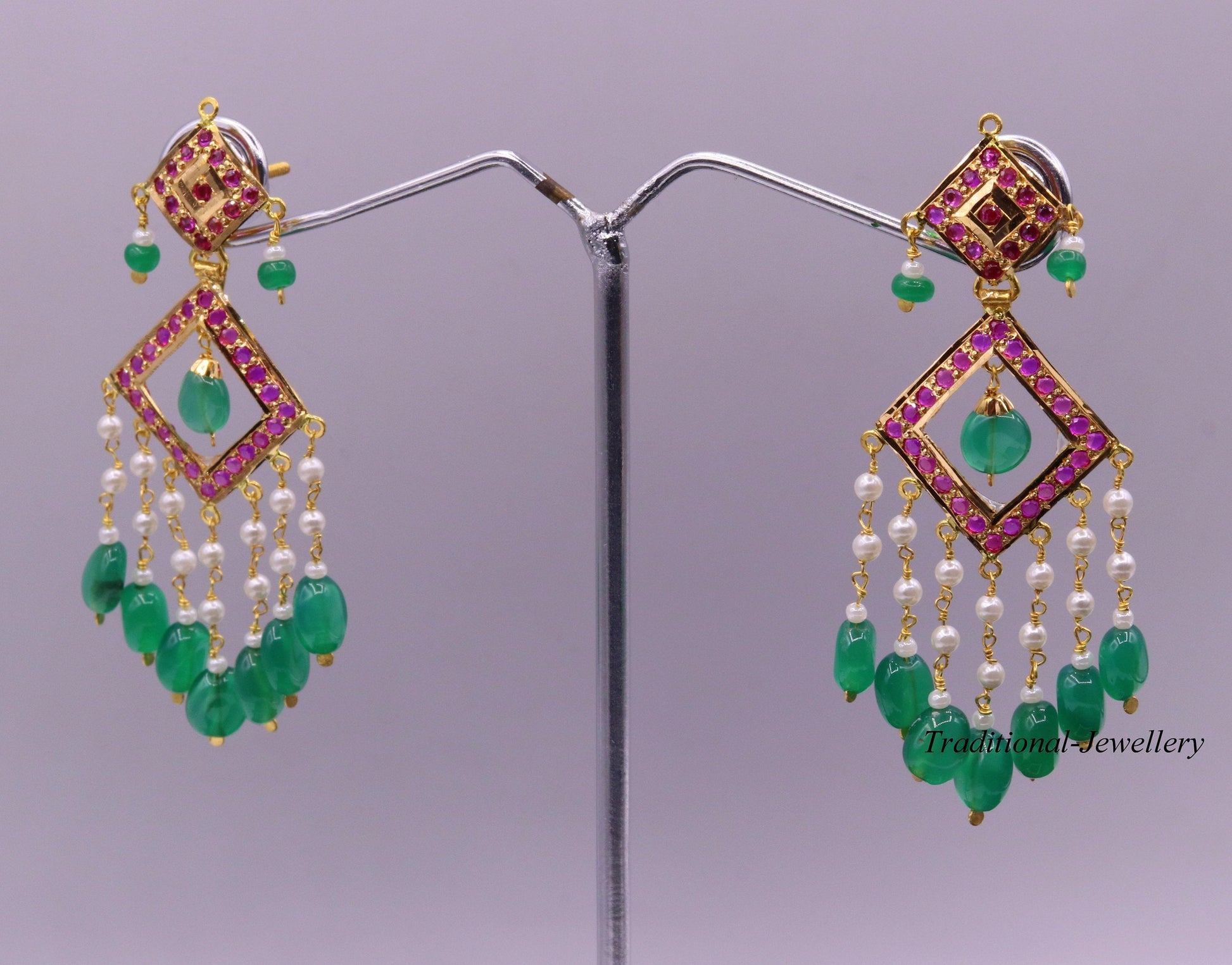 Authentic 22kt yellow gold handmade jadau earring dangling fabulous wedding anniversary gifting jewelry from rajasthan India - TRIBAL ORNAMENTS