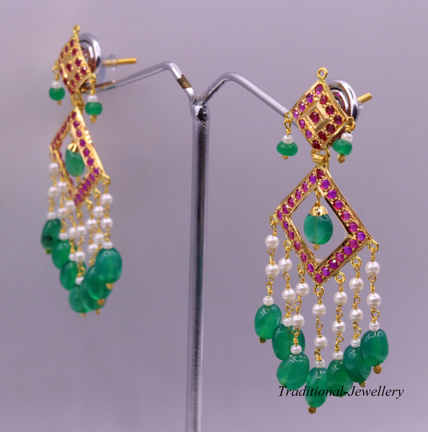 Authentic 22kt yellow gold handmade jadau earring dangling fabulous wedding anniversary gifting jewelry from rajasthan India - TRIBAL ORNAMENTS