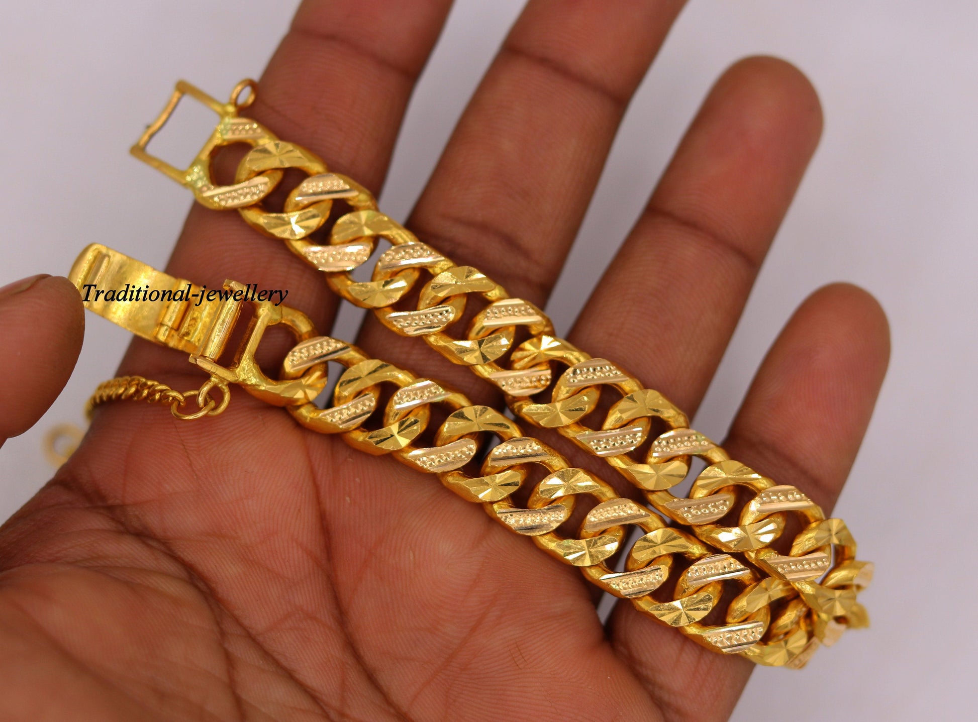 Authentic 22kt yellow gold handmade Cuban link bracelet with diamond-cut design, solid gold jewelry for men by Tribal Ornaments.