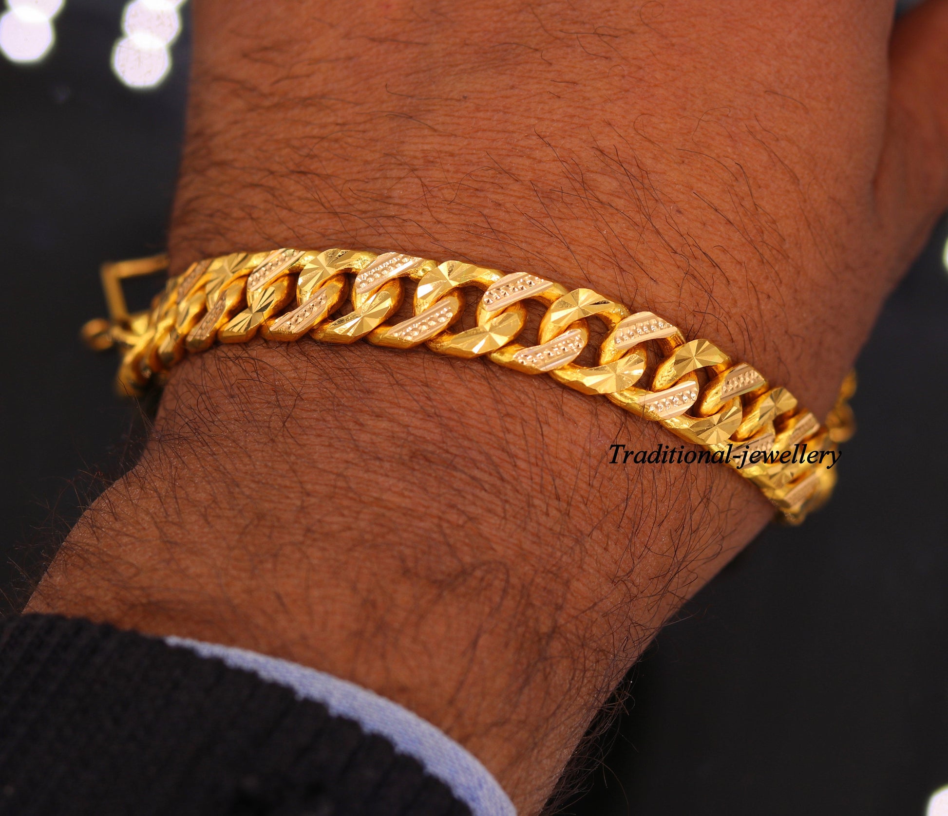 Authentic 22kt yellow gold solid curb Cuban link bracelet with diamond-cut design, handmade men's jewelry by Tribal Ornaments.