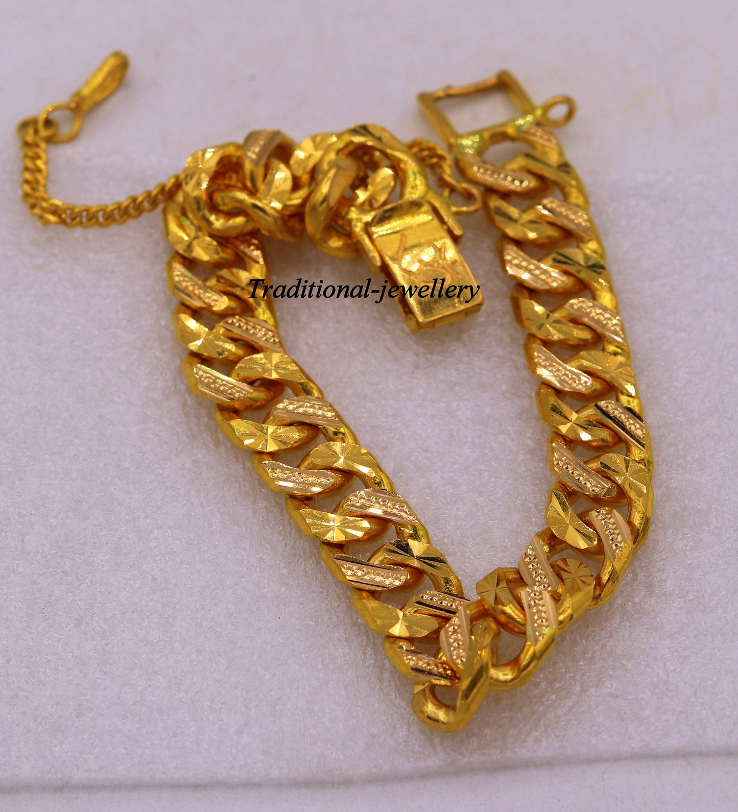 Authentic 22kt yellow gold solid curb Cuban link bracelet with diamond-cut design, handmade men's jewelry by TRIBAL ORNAMENTS.
