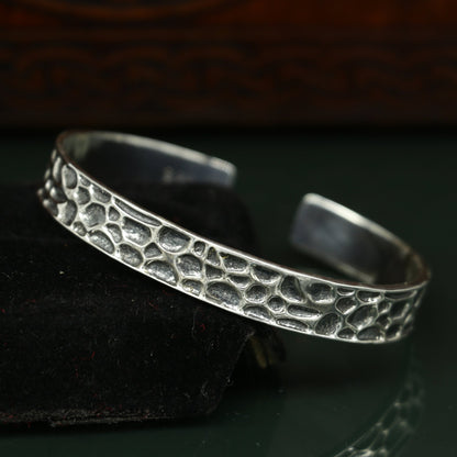 Authentic 925 sterling silver handmade cuff kada bracelet by Tribal Ornaments, adjustable unisex jewelry with intricate design.