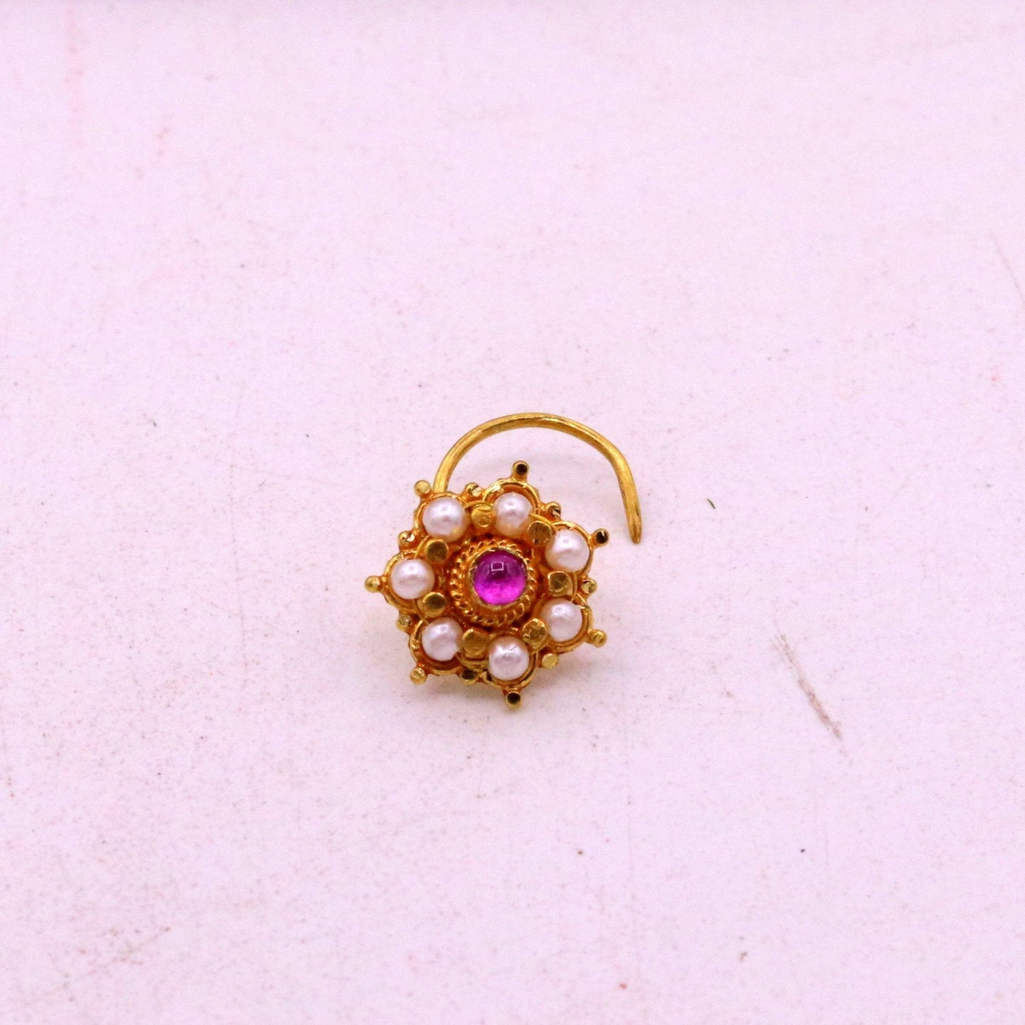 Awesome 6 white pearl and red stone 20kt yellow gold nose pin nose stud Indian vintage antique design handmade tribal jewelry gnp26 - TRIBAL ORNAMENTS