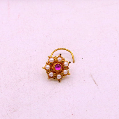 Awesome 6 white pearl and red stone 20kt yellow gold nose pin nose stud Indian vintage antique design handmade tribal jewelry gnp26 - TRIBAL ORNAMENTS