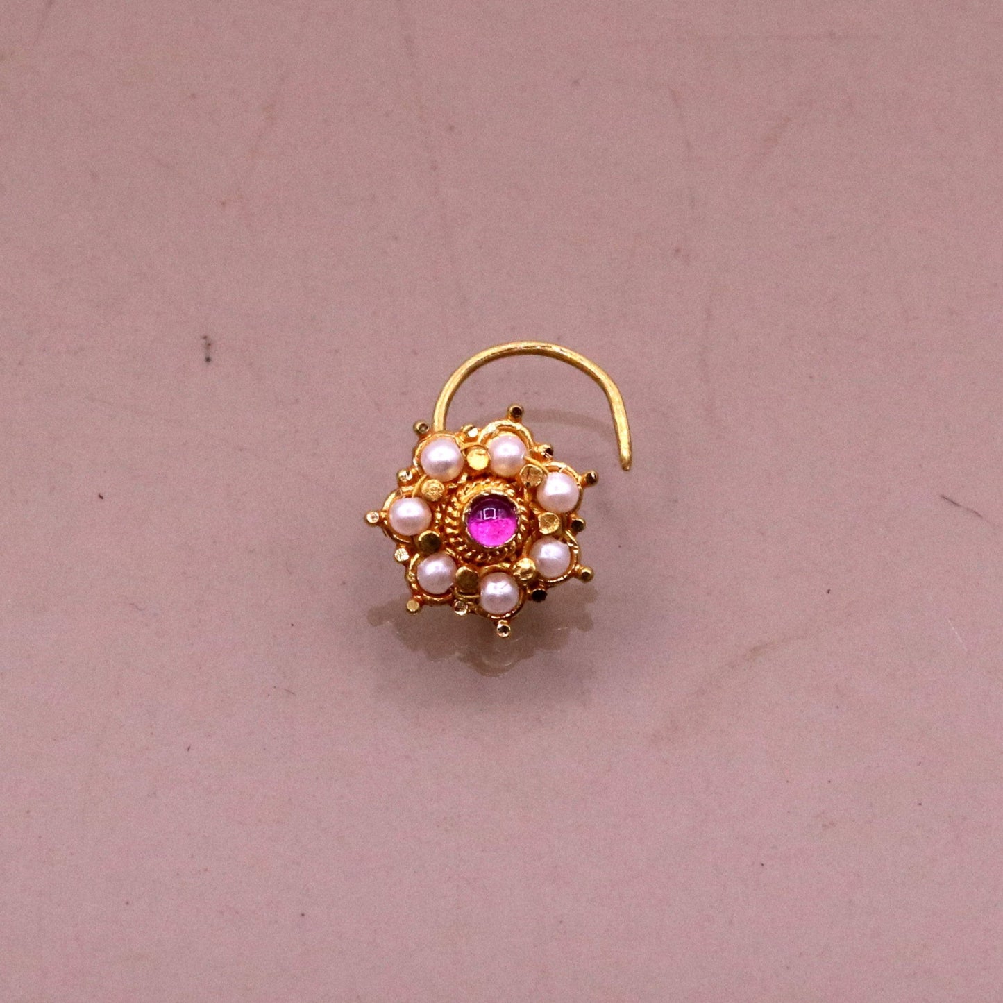Awesome 6 white pearl and red stone 20kt yellow gold nose pin nose stud Indian vintage antique design handmade tribal jewelry gnp26 - TRIBAL ORNAMENTS