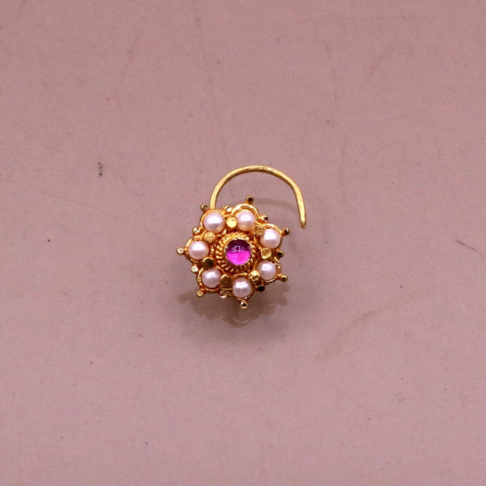 Awesome 6 white pearl and red stone 20kt yellow gold nose pin nose stud Indian vintage antique design handmade tribal jewelry gnp26 - TRIBAL ORNAMENTS