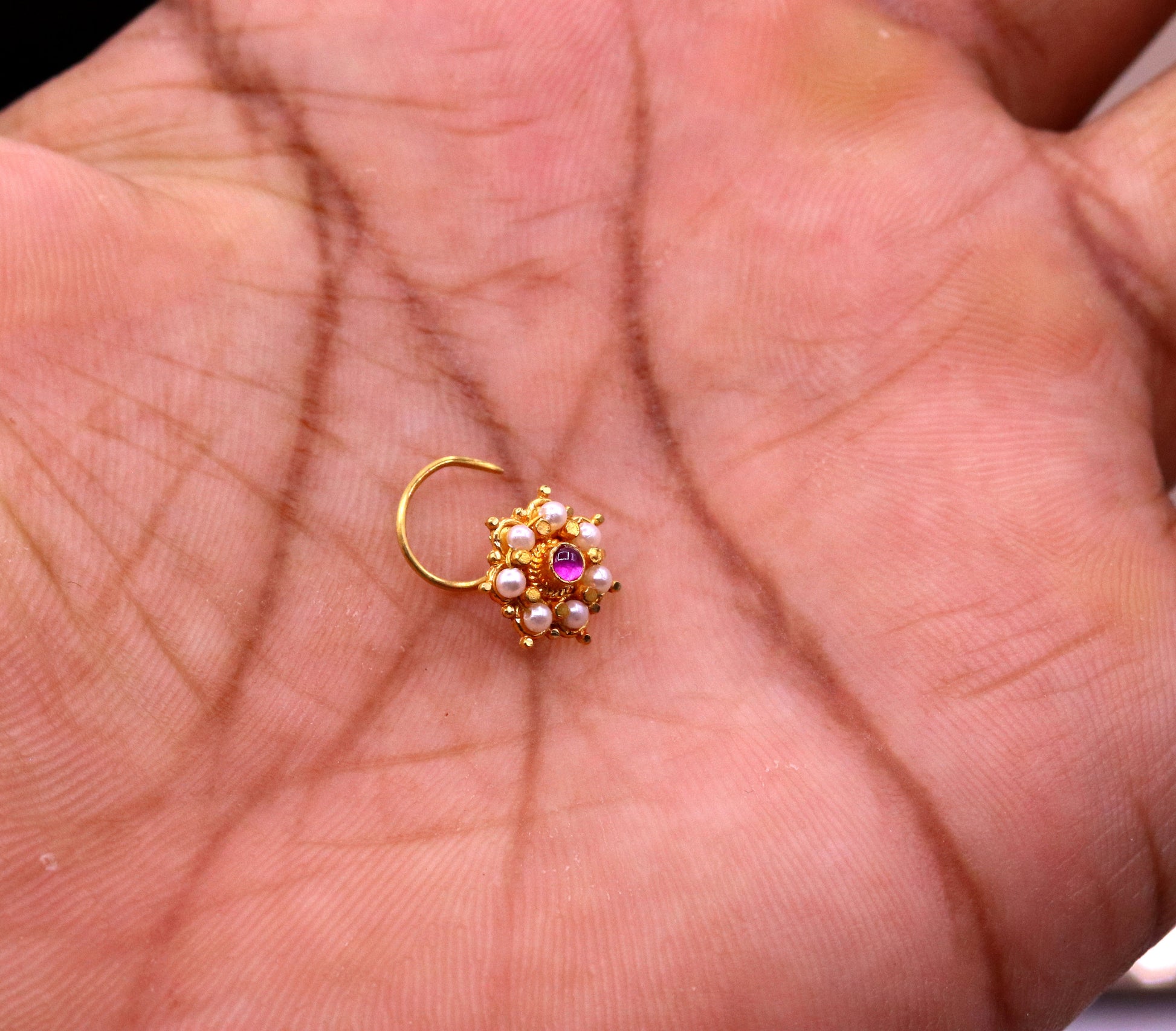 Awesome 6 white pearl and red stone 20kt yellow gold nose pin nose stud Indian vintage antique design handmade tribal jewelry gnp26 - TRIBAL ORNAMENTS