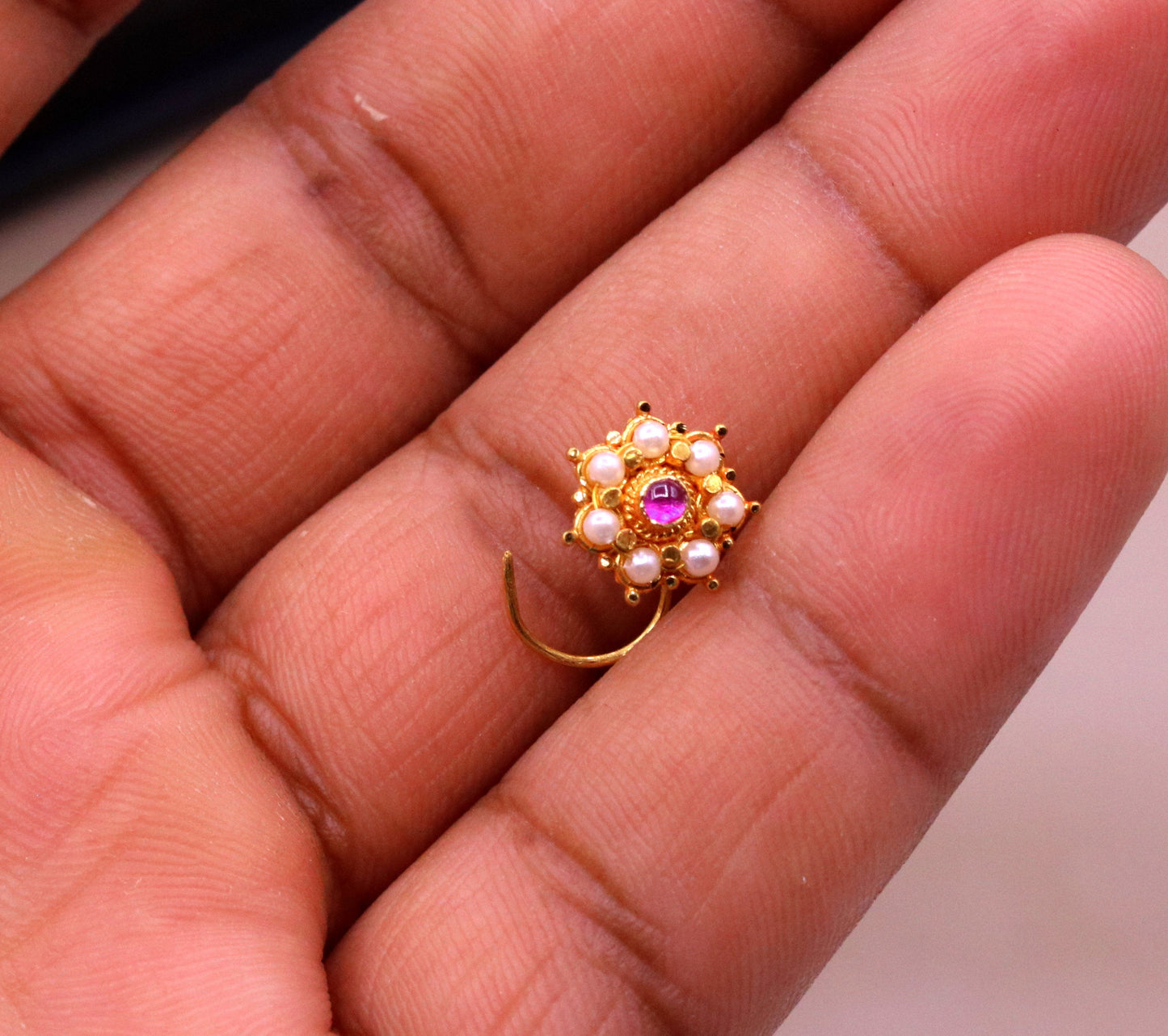 Awesome 6 white pearl and red stone 20kt yellow gold nose pin nose stud Indian vintage antique design handmade tribal jewelry gnp26 - TRIBAL ORNAMENTS