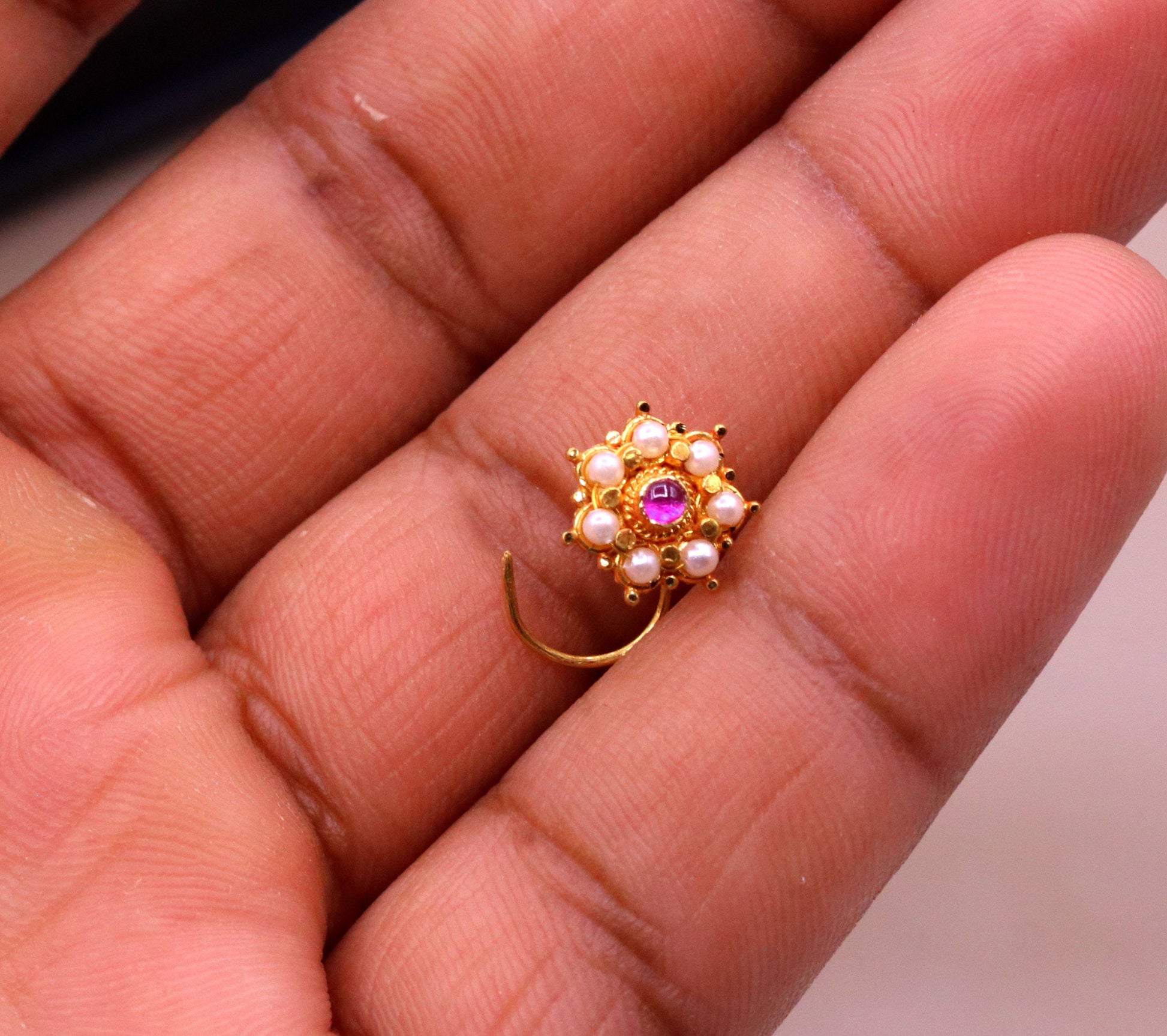 Awesome 6 white pearl and red stone 20kt yellow gold nose pin nose stud Indian vintage antique design handmade tribal jewelry gnp26 - TRIBAL ORNAMENTS