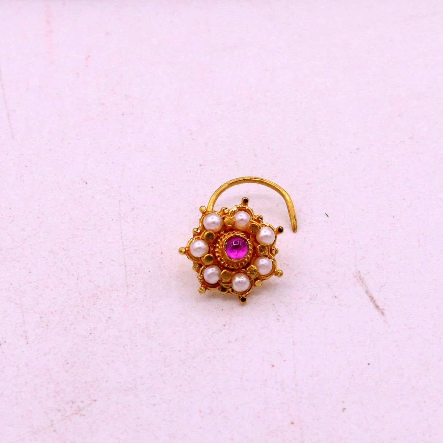 Awesome 6 white pearl and red stone 20kt yellow gold nose pin nose stud Indian vintage antique design handmade tribal jewelry gnp26 - TRIBAL ORNAMENTS