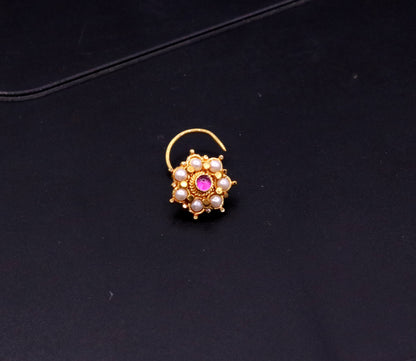 Awesome 6 white pearl and red stone 20kt yellow gold nose pin nose stud Indian vintage antique design handmade tribal jewelry gnp26 - TRIBAL ORNAMENTS