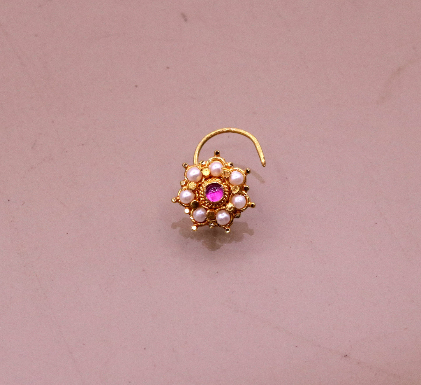 Awesome 6 white pearl and red stone 20kt yellow gold nose pin nose stud Indian vintage antique design handmade tribal jewelry gnp26 - TRIBAL ORNAMENTS