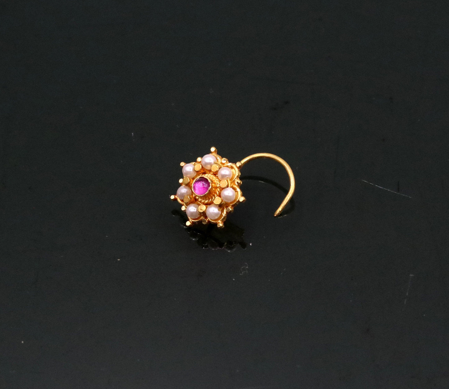 Awesome 6 white pearl and red stone 20kt yellow gold nose pin nose stud Indian vintage antique design handmade tribal jewelry gnp26 - TRIBAL ORNAMENTS