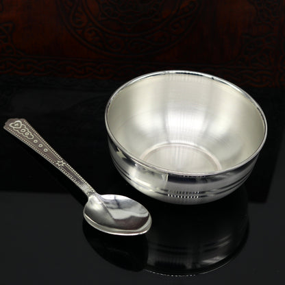 Awesome 999 fine solid silver handmade bowl tray for baby food, pure silver vessel, silver utensils, home and kitchen accessories india sv94 - TRIBAL ORNAMENTS
