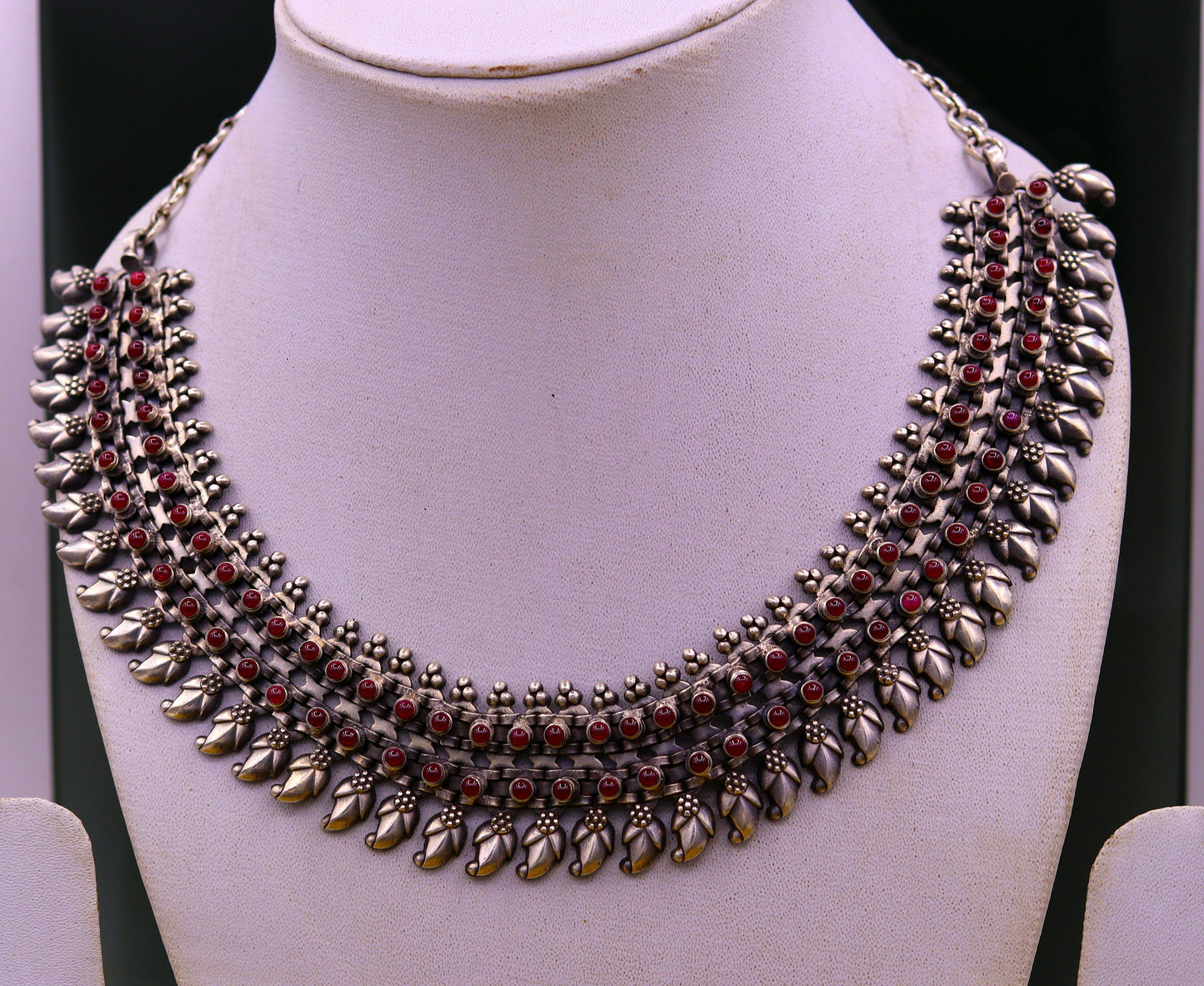 Vintage Indian tribal silver charm necklace set in 925 sterling silver with intricate handmade designs, perfect for gifting.