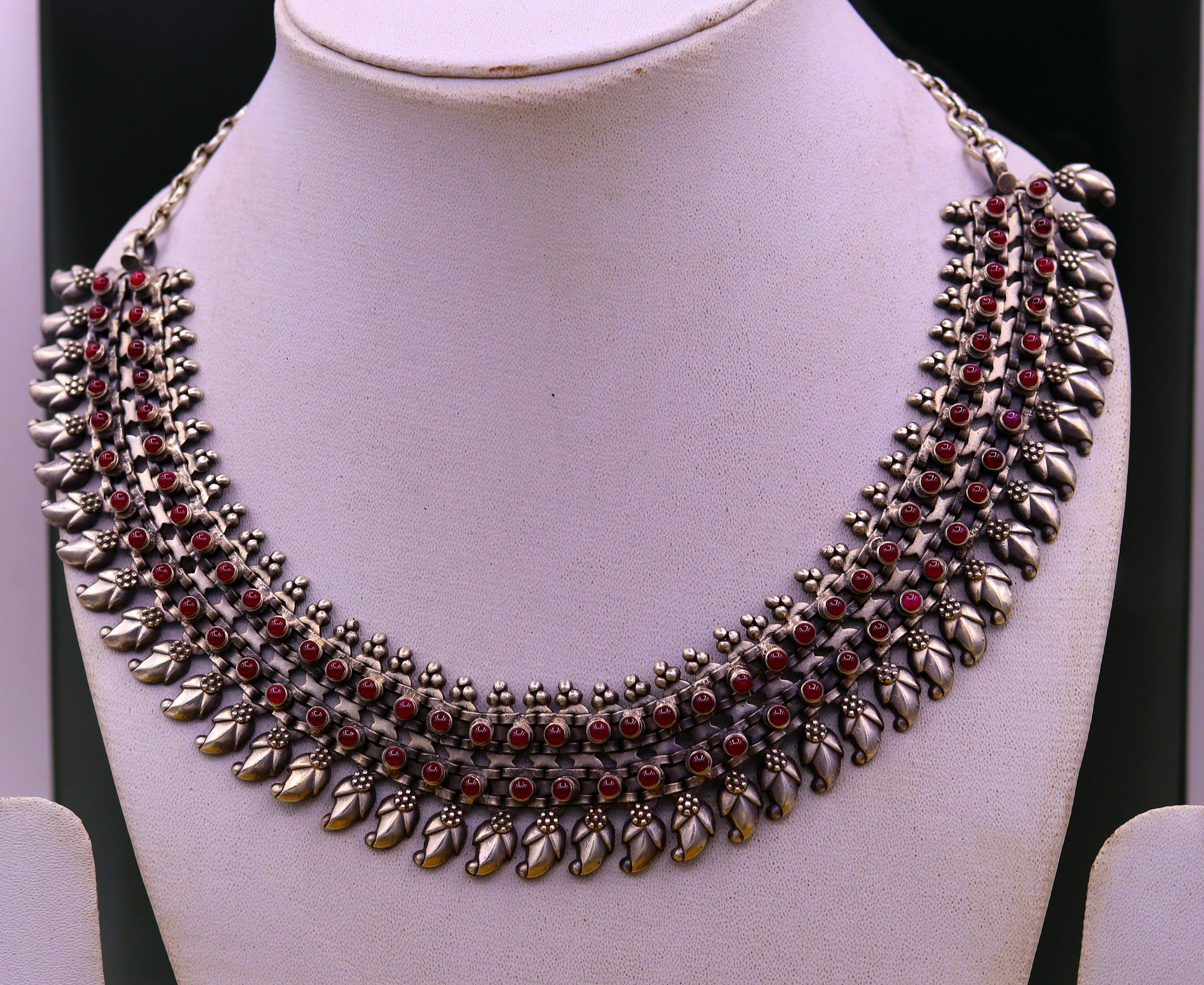 Vintage Indian tribal silver charm necklace set in 925 sterling silver with intricate handmade designs, perfect for gifting.