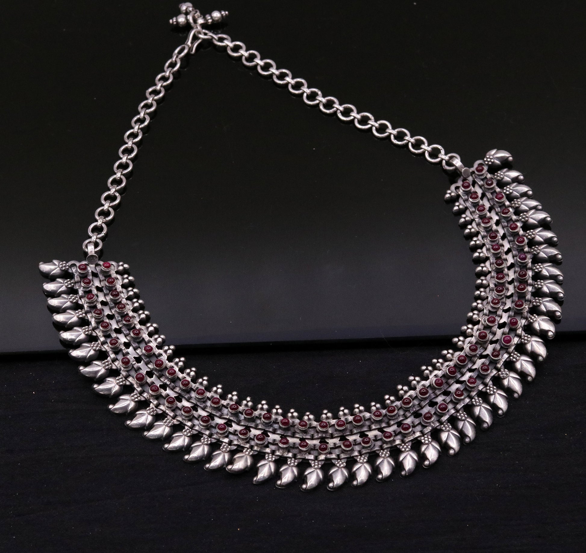 Indian vintage tribal silver charm necklace set in 925 sterling silver with intricate handmade design, perfect for gifting.