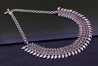 Indian vintage 925 sterling silver charm necklace set with intricate tribal design, handmade tribal jewelry by TRIBAL ORNAMENTS.
