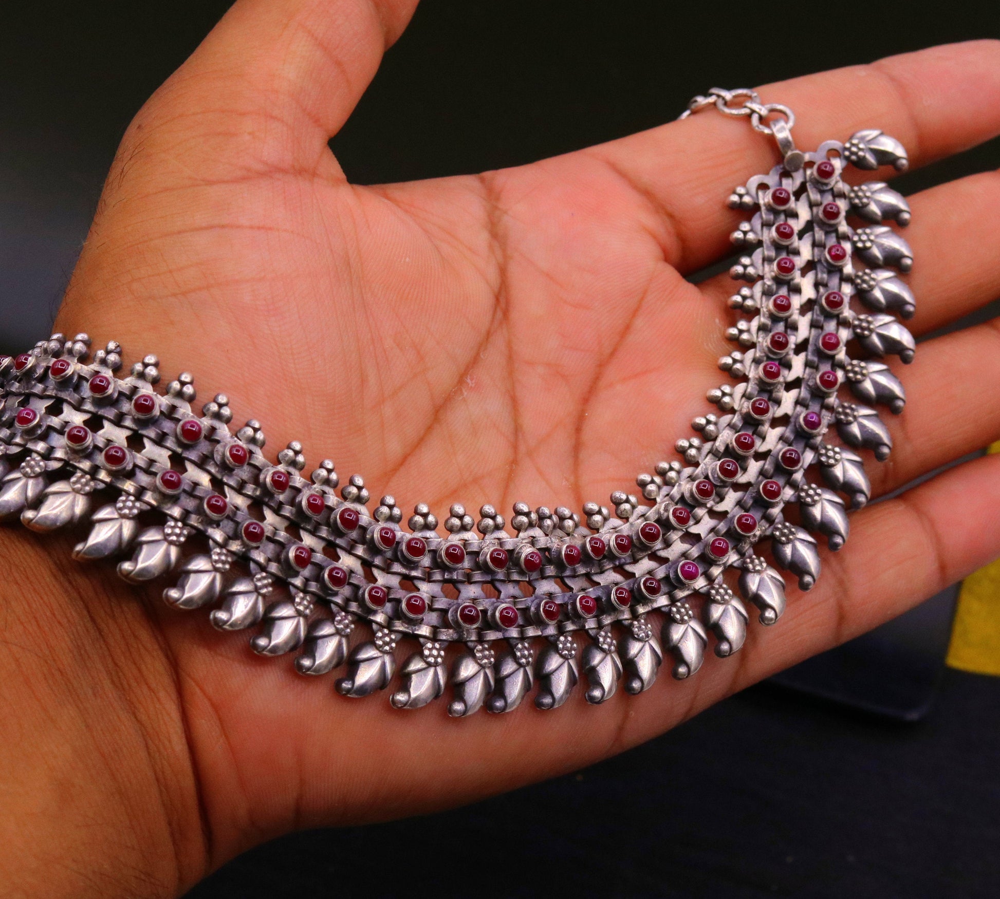 Indian vintage sterling silver charm necklace set by TRIBAL ORNAMENTS featuring intricate tribal jewelry design and handmade craftsmanship.
