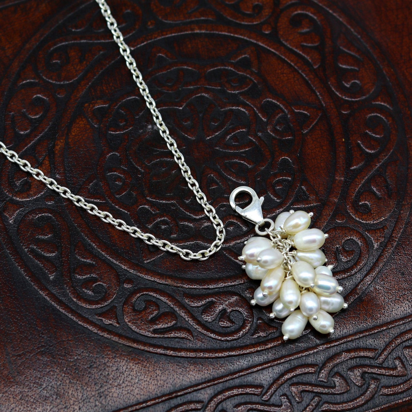 Awesome natural oval shape pearl bunch pendant 925 sterling silver 18 inches long necklace, gorgeous new fancy necklace brides jewelry nec62 - TRIBAL ORNAMENTS