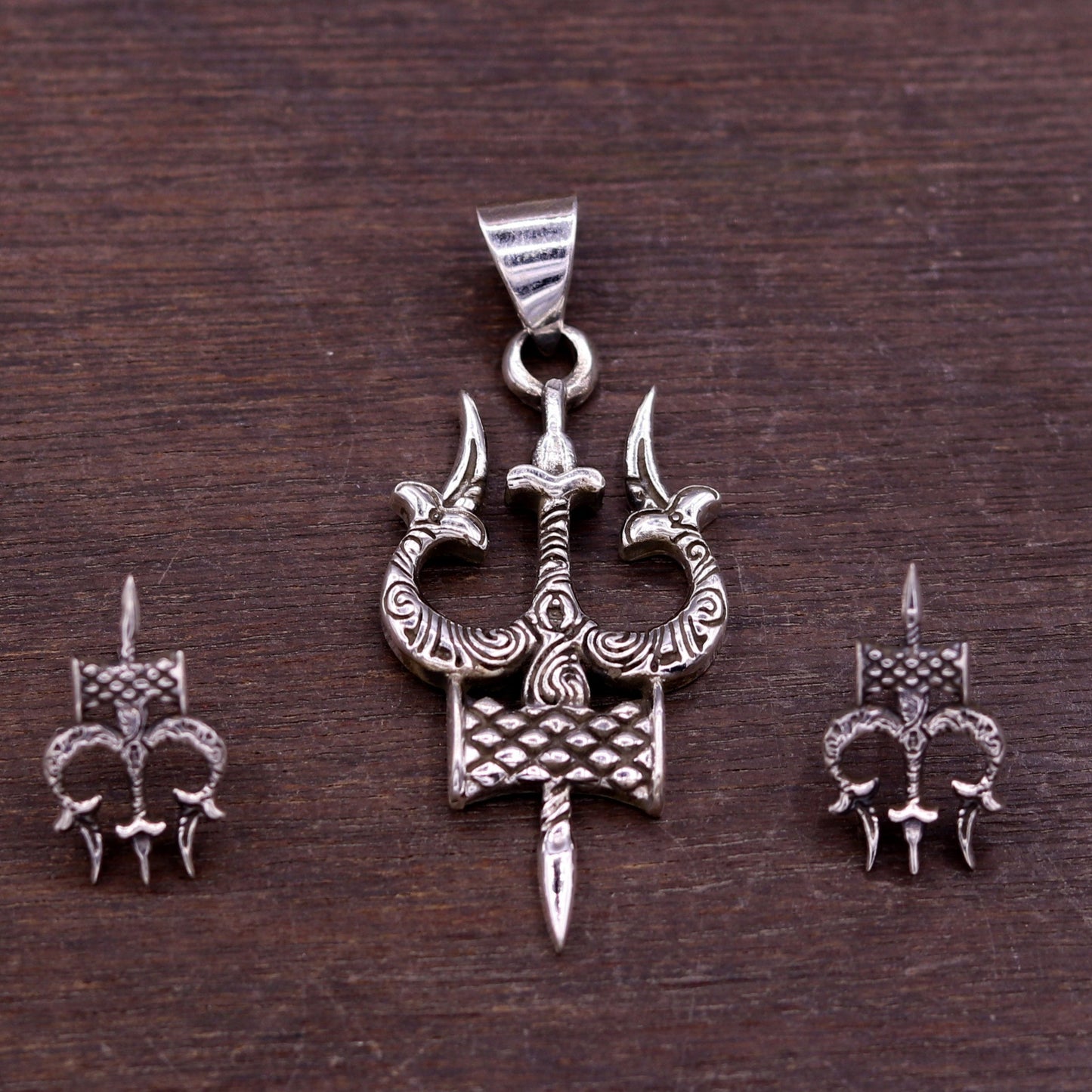 Awesome pretty design Lord Shiva trident shape pendant with tiny trident stud 925 sterling silver amazing fabulous set tribal jewelry nsp231 - TRIBAL ORNAMENTS