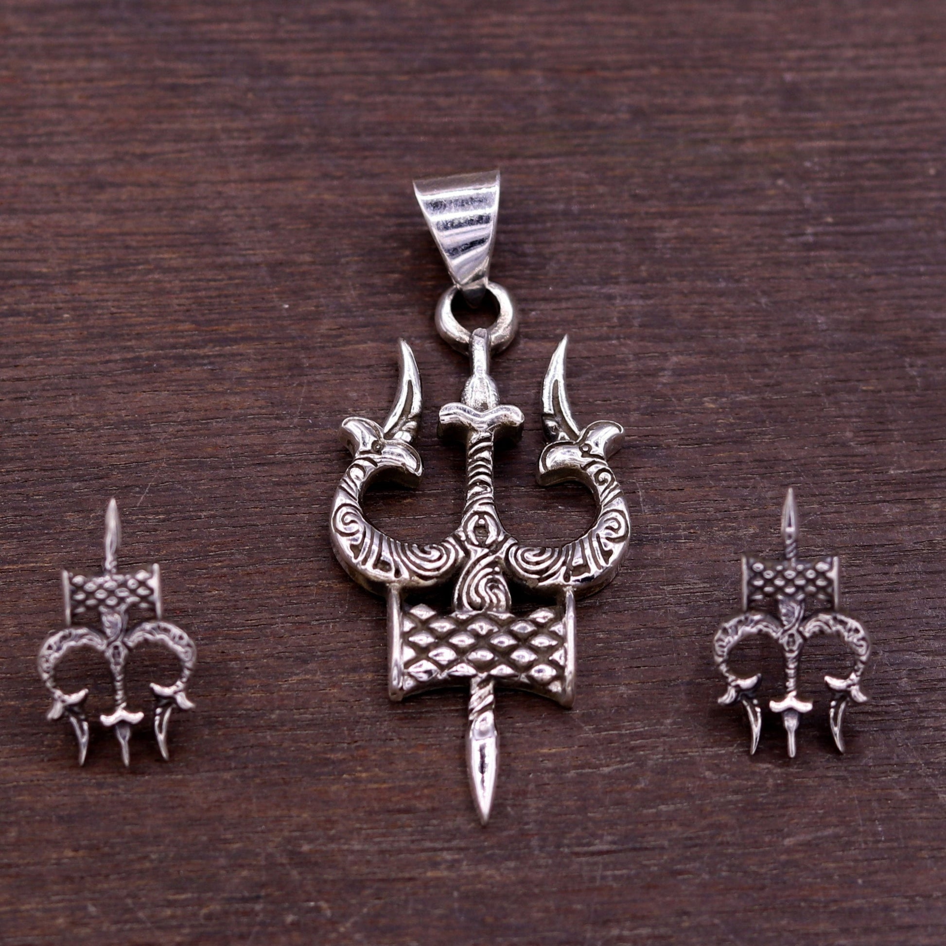 Awesome pretty design Lord Shiva trident shape pendant with tiny trident stud 925 sterling silver amazing fabulous set tribal jewelry nsp231 - TRIBAL ORNAMENTS
