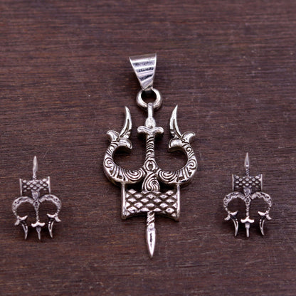 Awesome pretty design Lord Shiva trident shape pendant with tiny trident stud 925 sterling silver amazing fabulous set tribal jewelry nsp231 - TRIBAL ORNAMENTS