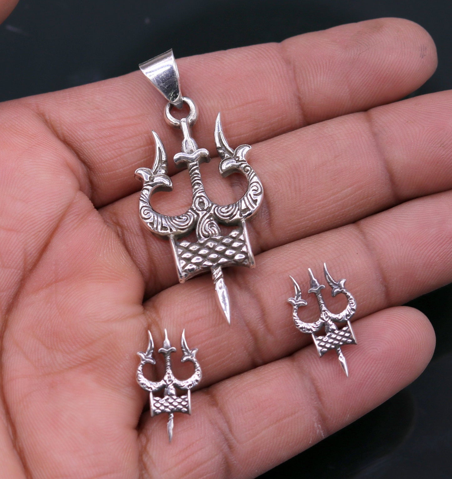 Awesome pretty design Lord Shiva trident shape pendant with tiny trident stud 925 sterling silver amazing fabulous set tribal jewelry nsp231 - TRIBAL ORNAMENTS