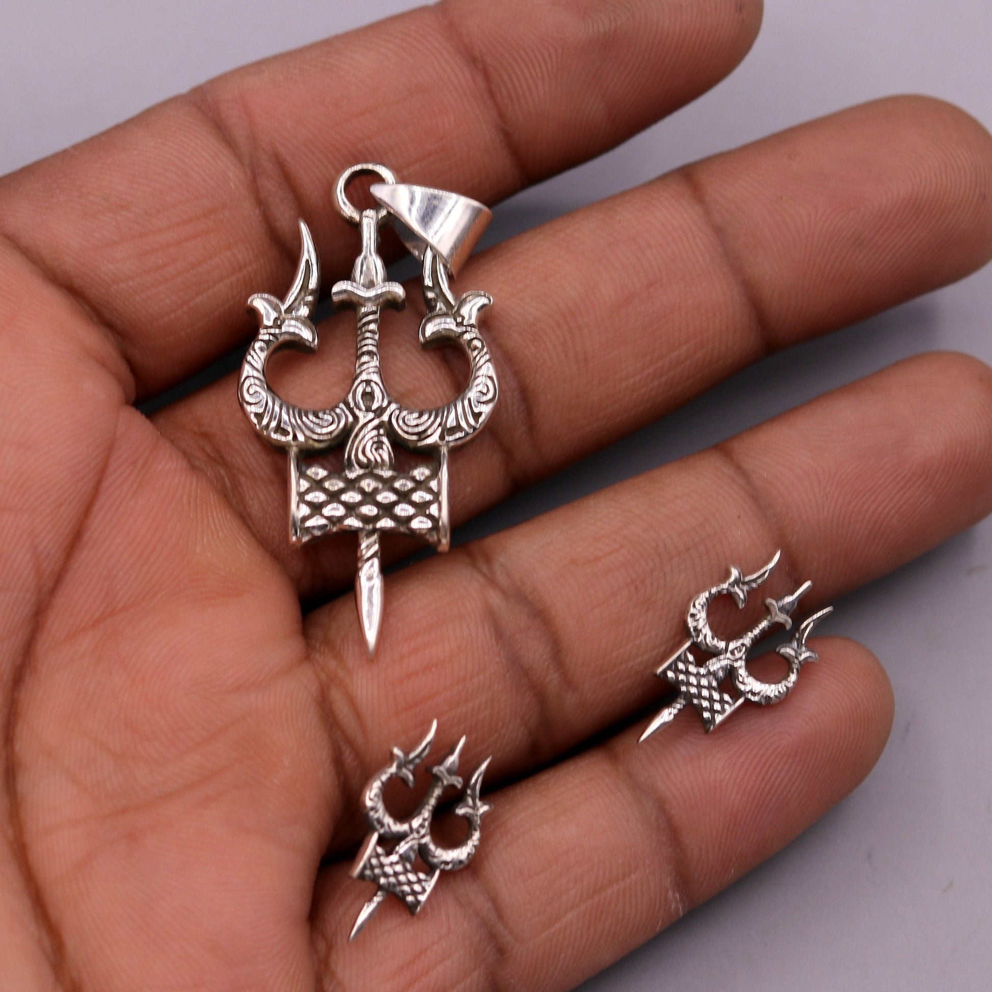 Awesome pretty design Lord Shiva trident shape pendant with tiny trident stud 925 sterling silver amazing fabulous set tribal jewelry nsp231 - TRIBAL ORNAMENTS