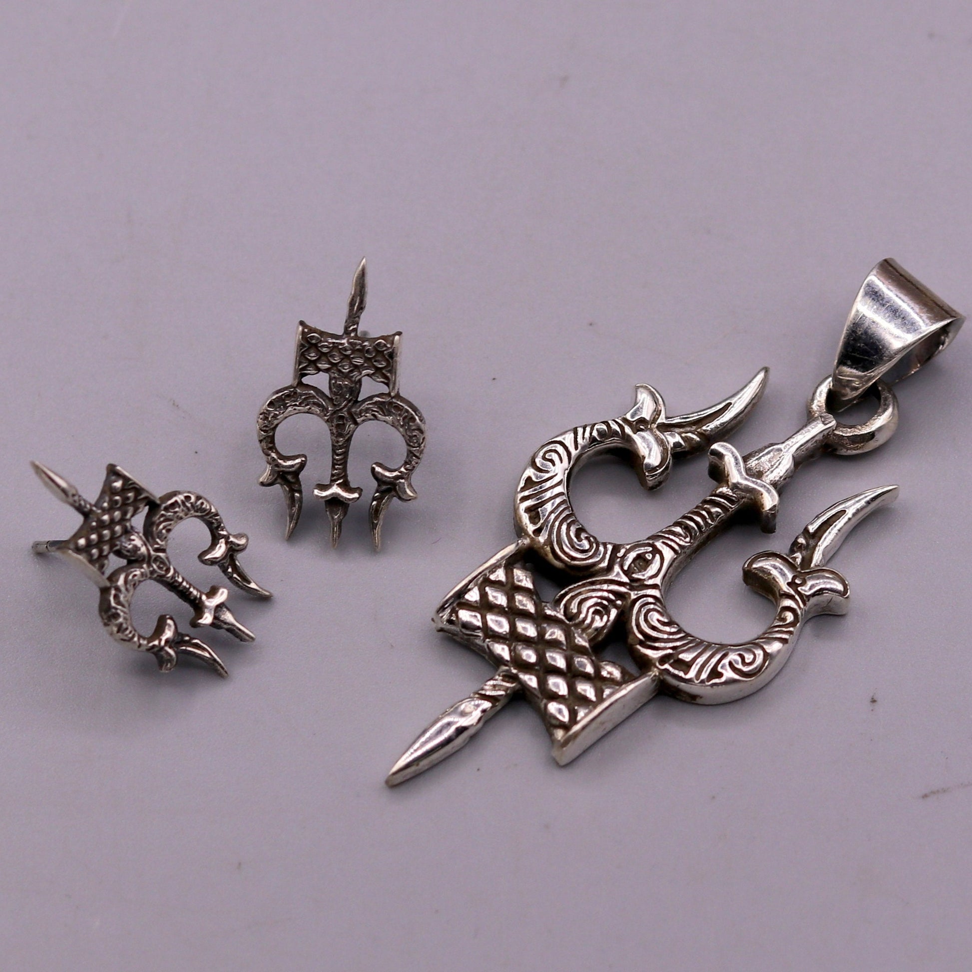 Awesome pretty design Lord Shiva trident shape pendant with tiny trident stud 925 sterling silver amazing fabulous set tribal jewelry nsp231 - TRIBAL ORNAMENTS