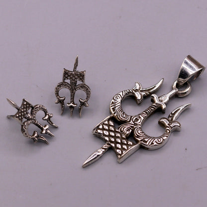 Awesome pretty design Lord Shiva trident shape pendant with tiny trident stud 925 sterling silver amazing fabulous set tribal jewelry nsp231 - TRIBAL ORNAMENTS