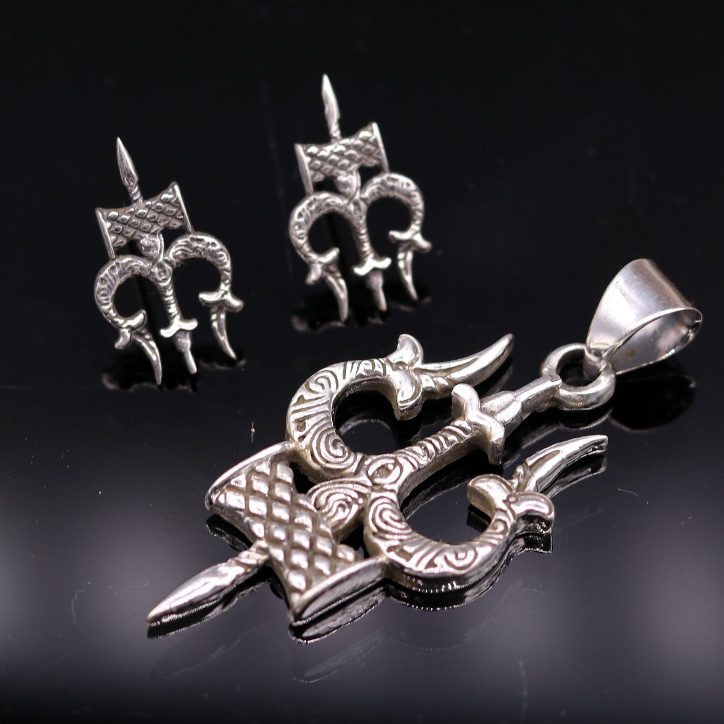 Awesome pretty design Lord Shiva trident shape pendant with tiny trident stud 925 sterling silver amazing fabulous set tribal jewelry nsp231 - TRIBAL ORNAMENTS