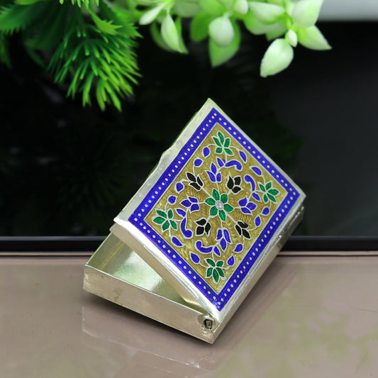 Awesome vintage style 925 pure silver green floral enamel work trinket box, jewelry box, pills box, silver articles brides gifting stb22 - TRIBAL ORNAMENTS