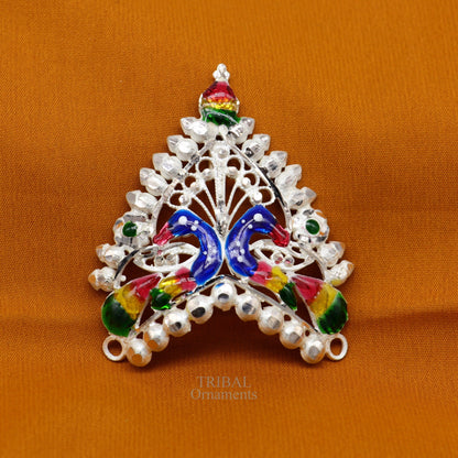 Baby krishna crown or mukut fabulous enamel peacock design 925 silver handmade idol krishna mukut gifting crawling krishna jewelry su721 - TRIBAL ORNAMENTS