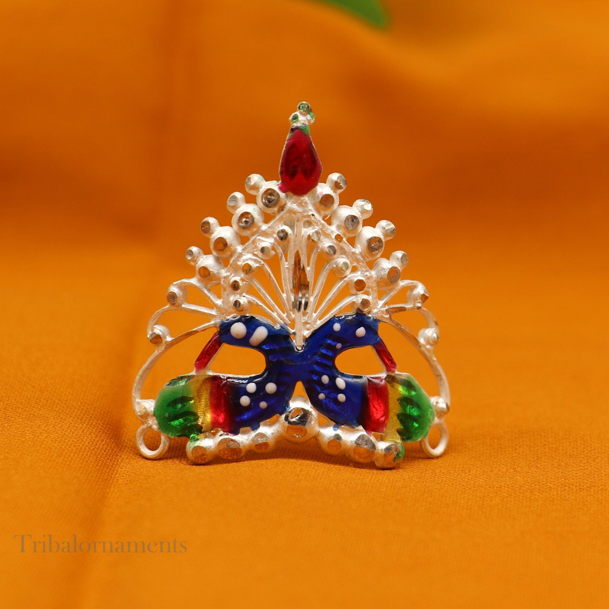 Baby krishna crown or mukut fabulous enamel peacock design solid silver handmade idol krishna mukut gifting crawling krishna jewelry su527 - TRIBAL ORNAMENTS