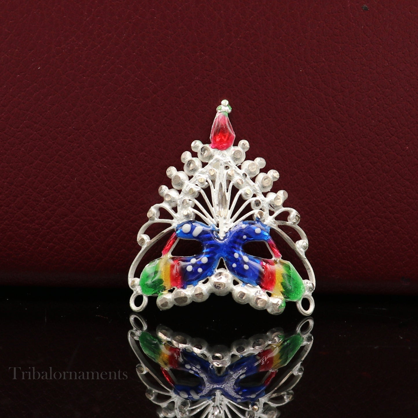 Baby krishna crown or mukut fabulous enamel peacock design solid silver handmade idol krishna mukut gifting crawling krishna jewelry su527 - TRIBAL ORNAMENTS