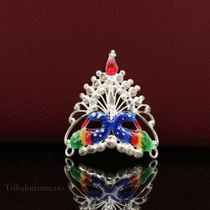 Baby krishna crown or mukut fabulous enamel peacock design solid silver handmade idol krishna mukut gifting crawling krishna jewelry su527 - TRIBAL ORNAMENTS