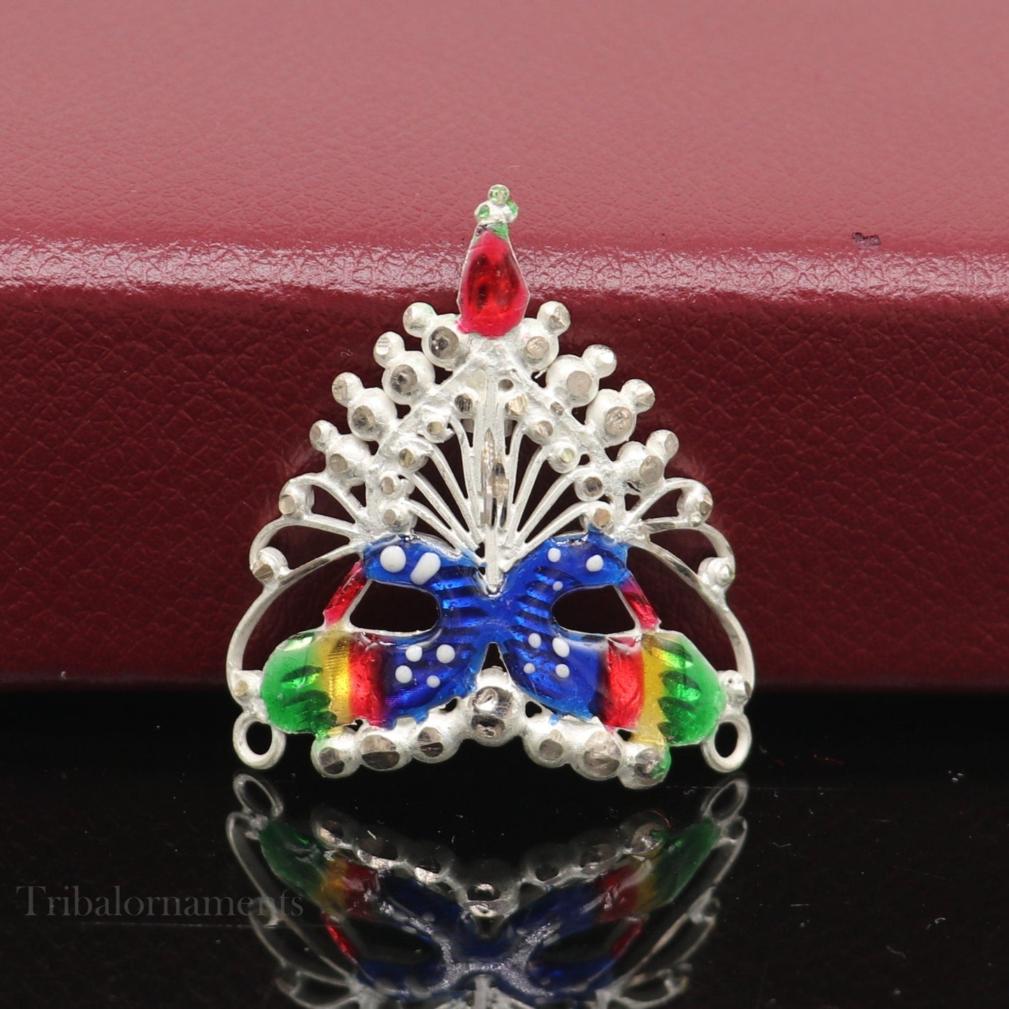 Baby krishna crown or mukut fabulous enamel peacock design solid silver handmade idol krishna mukut gifting crawling krishna jewelry su527 - TRIBAL ORNAMENTS