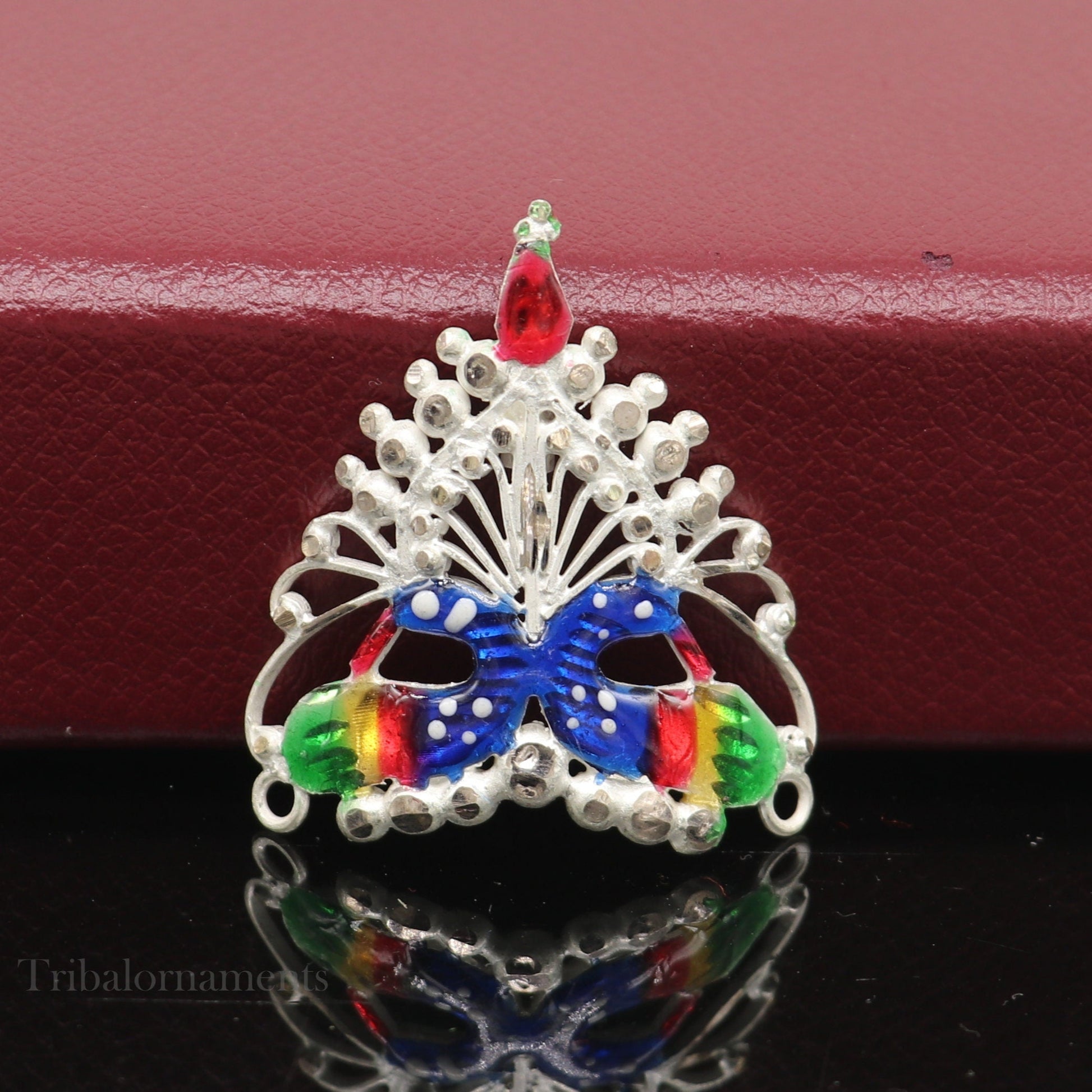 Baby krishna crown or mukut fabulous enamel peacock design solid silver handmade idol krishna mukut gifting crawling krishna jewelry su527 - TRIBAL ORNAMENTS
