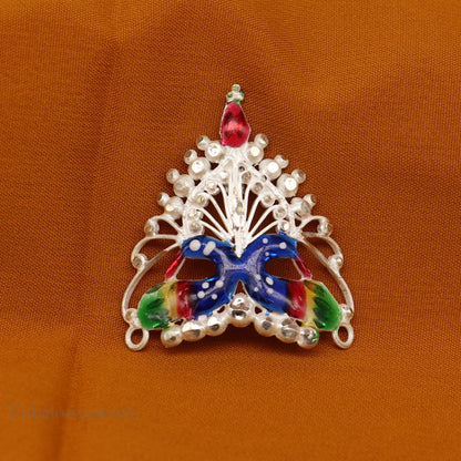 Baby krishna crown or mukut fabulous enamel peacock design solid silver handmade idol krishna mukut gifting crawling krishna jewelry su527 - TRIBAL ORNAMENTS