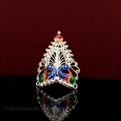 Baby krishna crown or mukut fabulous enamel peacock design solid silver handmade idol krishna mukut gifting crawling krishna jewelry su527 - TRIBAL ORNAMENTS