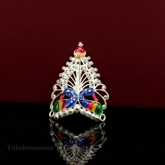 Baby krishna crown or mukut fabulous enamel peacock design solid silver handmade idol krishna mukut gifting crawling krishna jewelry su527 - TRIBAL ORNAMENTS