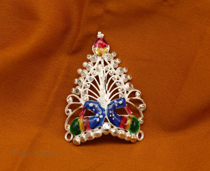 Baby krishna crown or mukut fabulous enamel peacock design solid silver handmade idol krishna mukut gifting crawling krishna jewelry su527 - TRIBAL ORNAMENTS