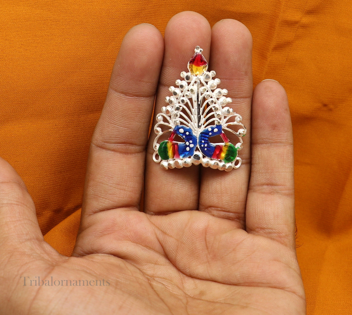 Baby krishna crown or mukut fabulous enamel peacock design solid silver handmade idol krishna mukut gifting crawling krishna jewelry su527 - TRIBAL ORNAMENTS