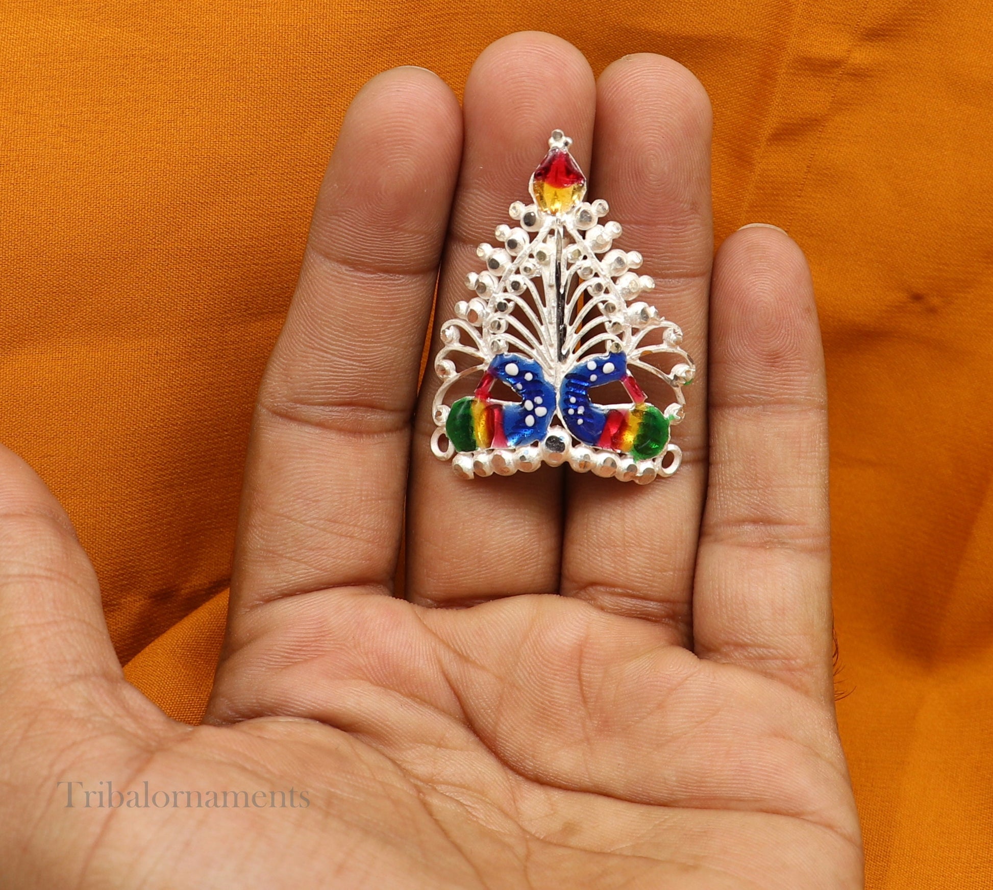 Baby krishna crown or mukut fabulous enamel peacock design solid silver handmade idol krishna mukut gifting crawling krishna jewelry su527 - TRIBAL ORNAMENTS