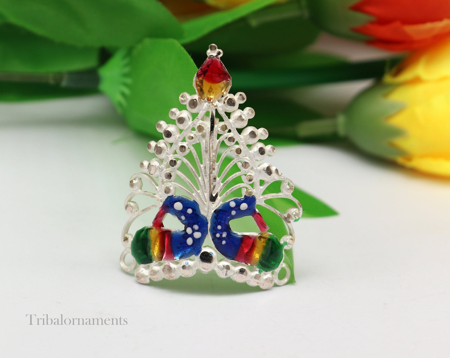 Baby krishna crown or mukut fabulous enamel peacock design solid silver handmade idol krishna mukut gifting crawling krishna jewelry su527 - TRIBAL ORNAMENTS