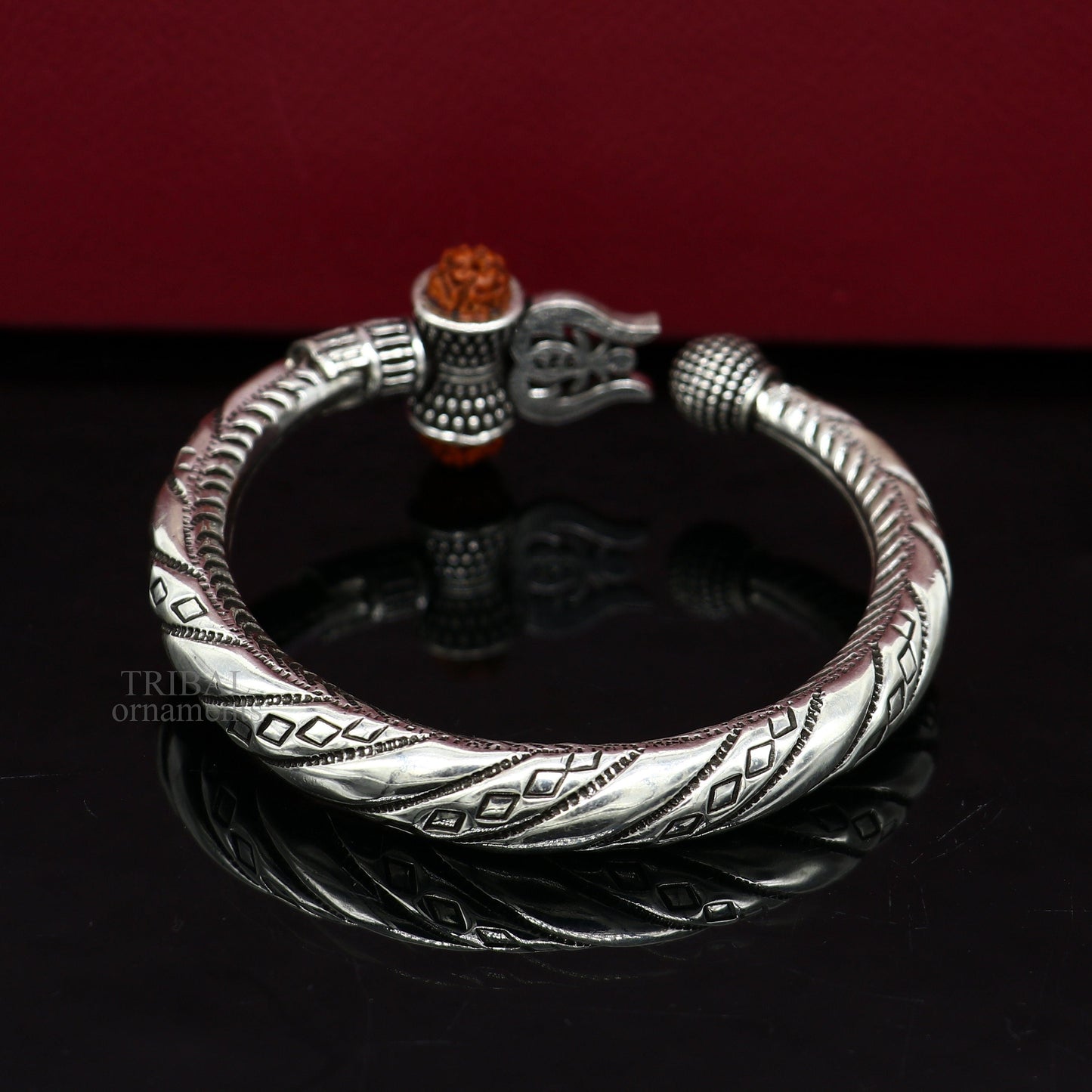 Bahubali kada 925 Sterling silver handmade Lord Shiva trident trishul bangle bracelet natural Rudraksha beads customized kada nsk447 - TRIBAL ORNAMENTS